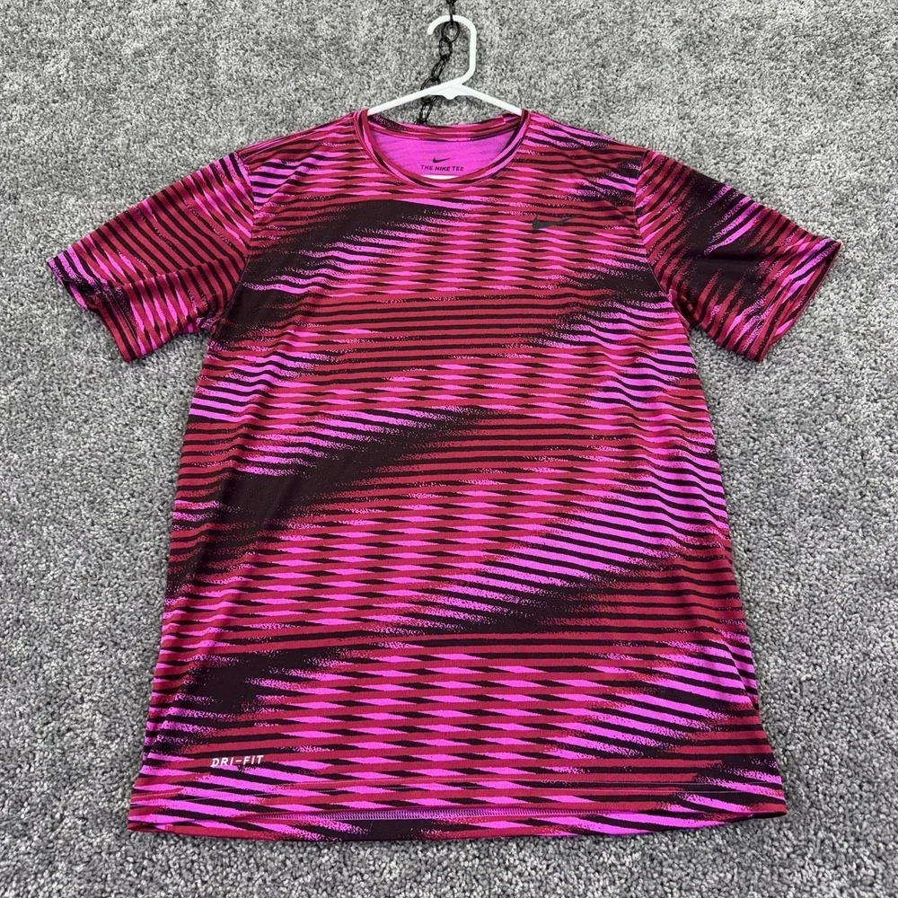 Nike Shirt Mens Medium Pink Striped Dri-Fit Short Sleeve Athletic Running Tee